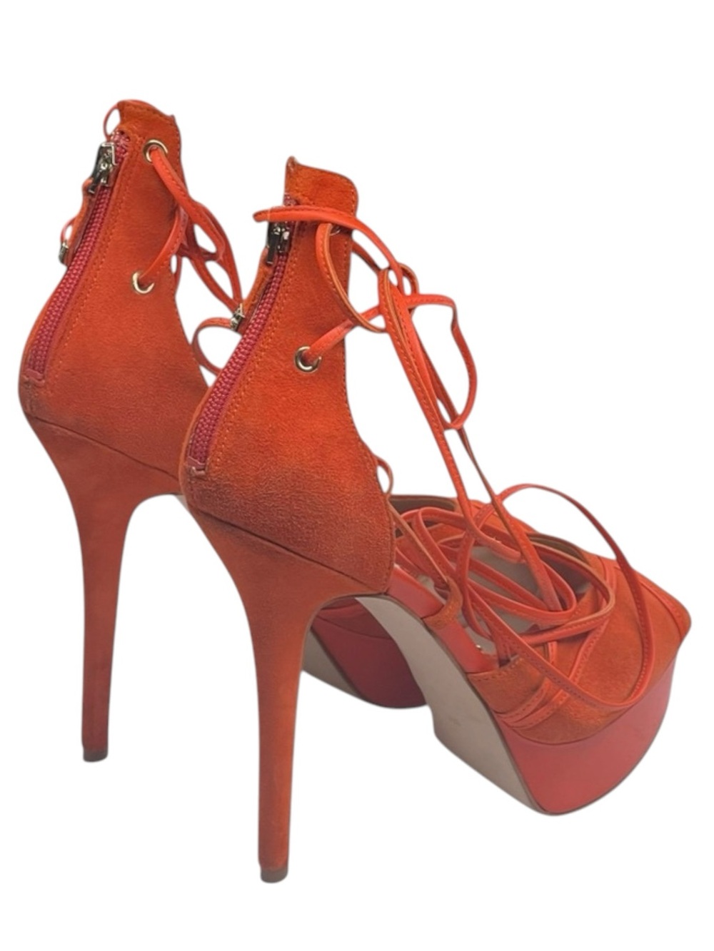 Guess ᯾ Raja Ankle Wrap Platform Stiletto Peep Toe Heels ᯾ Orange Suede ᯾ 8M - Picture 4 of 16